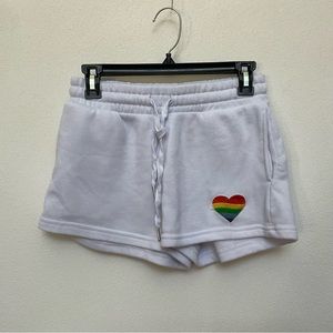 Love Streak White, Rainbow Heart Sweat Shorts Size Small Athleisure Comfort